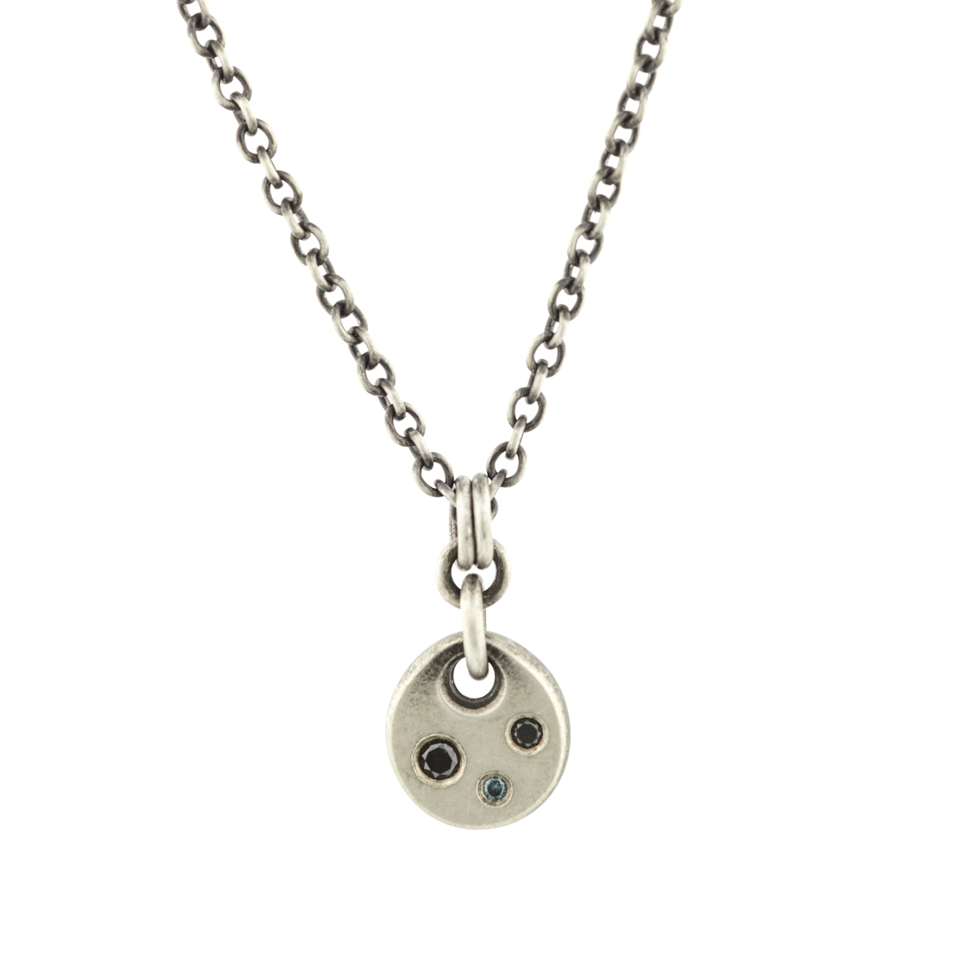 Tiny Silver Drop Pendant with Blue and Black Diamonds