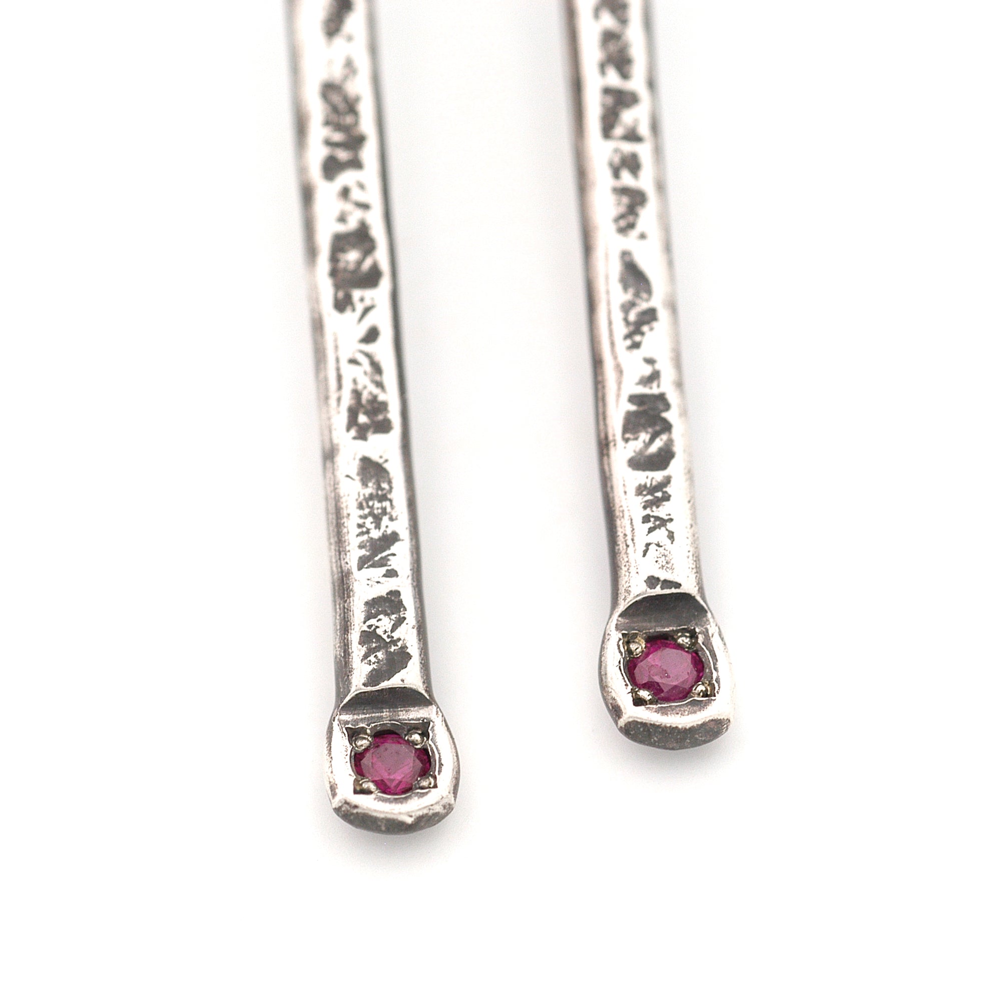 Textured Stick Earrings with Rubies