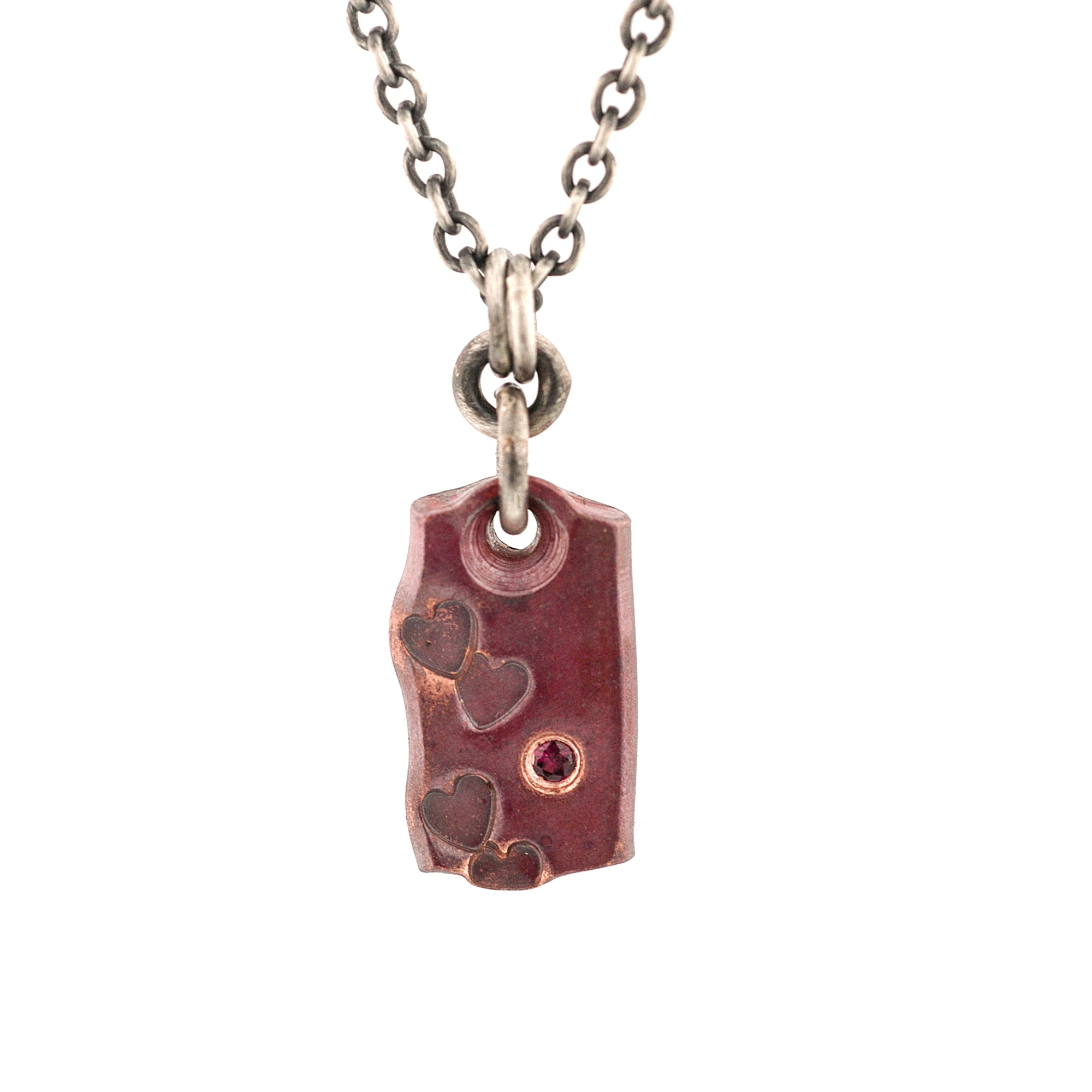 Vertical Copper Pendant with Hearts & Ruby Pendant