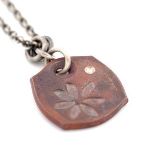 Copper Flower Petals Tile Pendant with One Diamond - John Paul Designs
