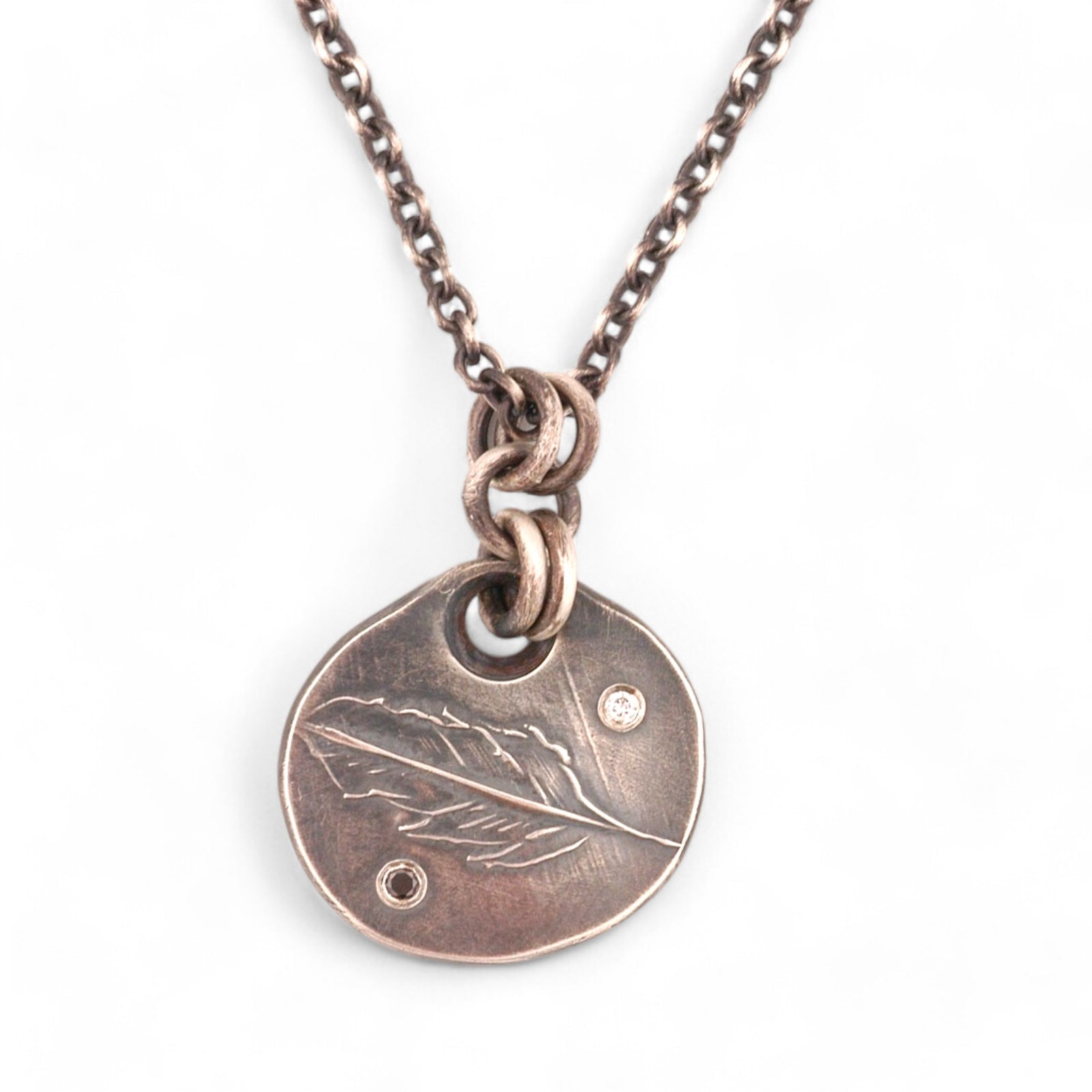 Sterling Silver Drop Pendant with Embossed Feather and Ideal Cut Diamonds