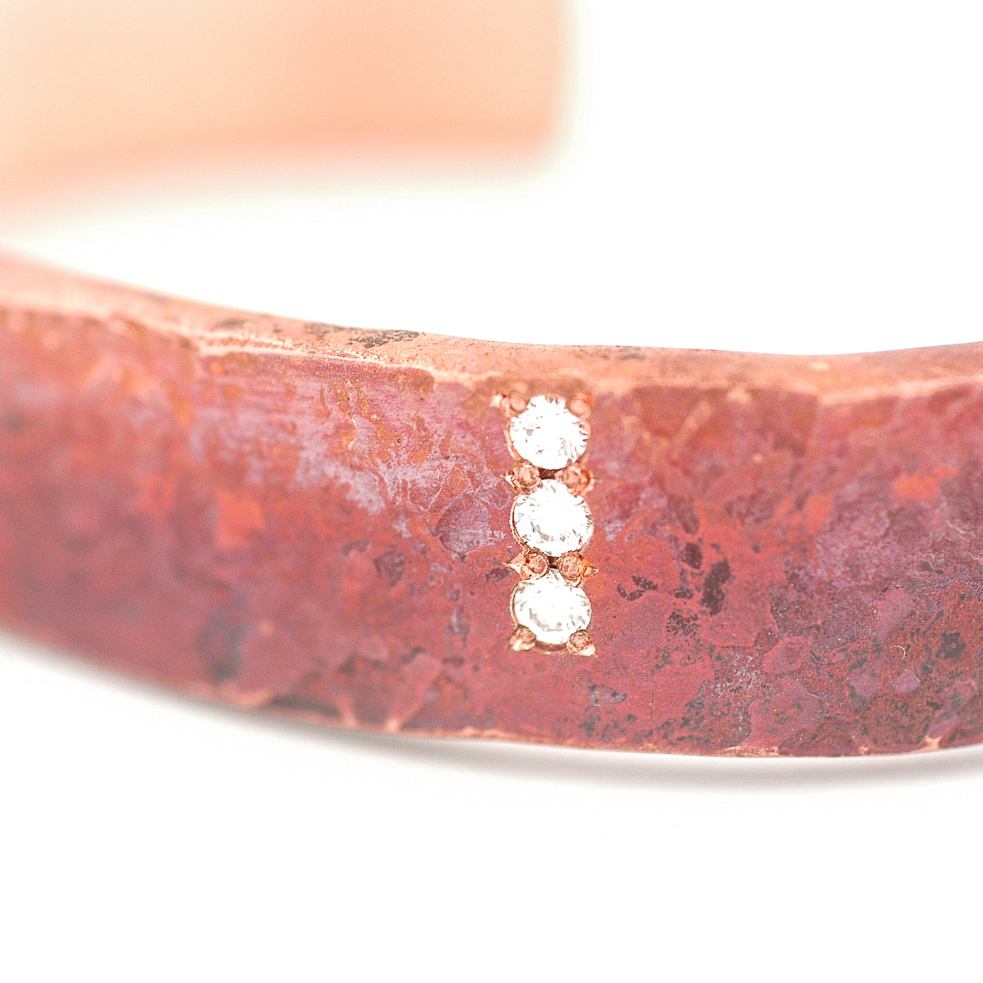 Granite Texture Forged Copper Cuff with Row of Diamonds