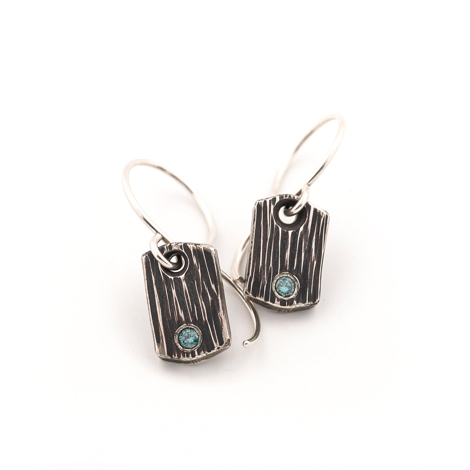 Sterling Silver Tile Earrings with Blue Diamonds