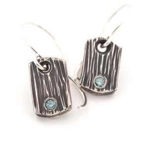 Textured Sterling Silver Tile Earrings with Blue Diamonds