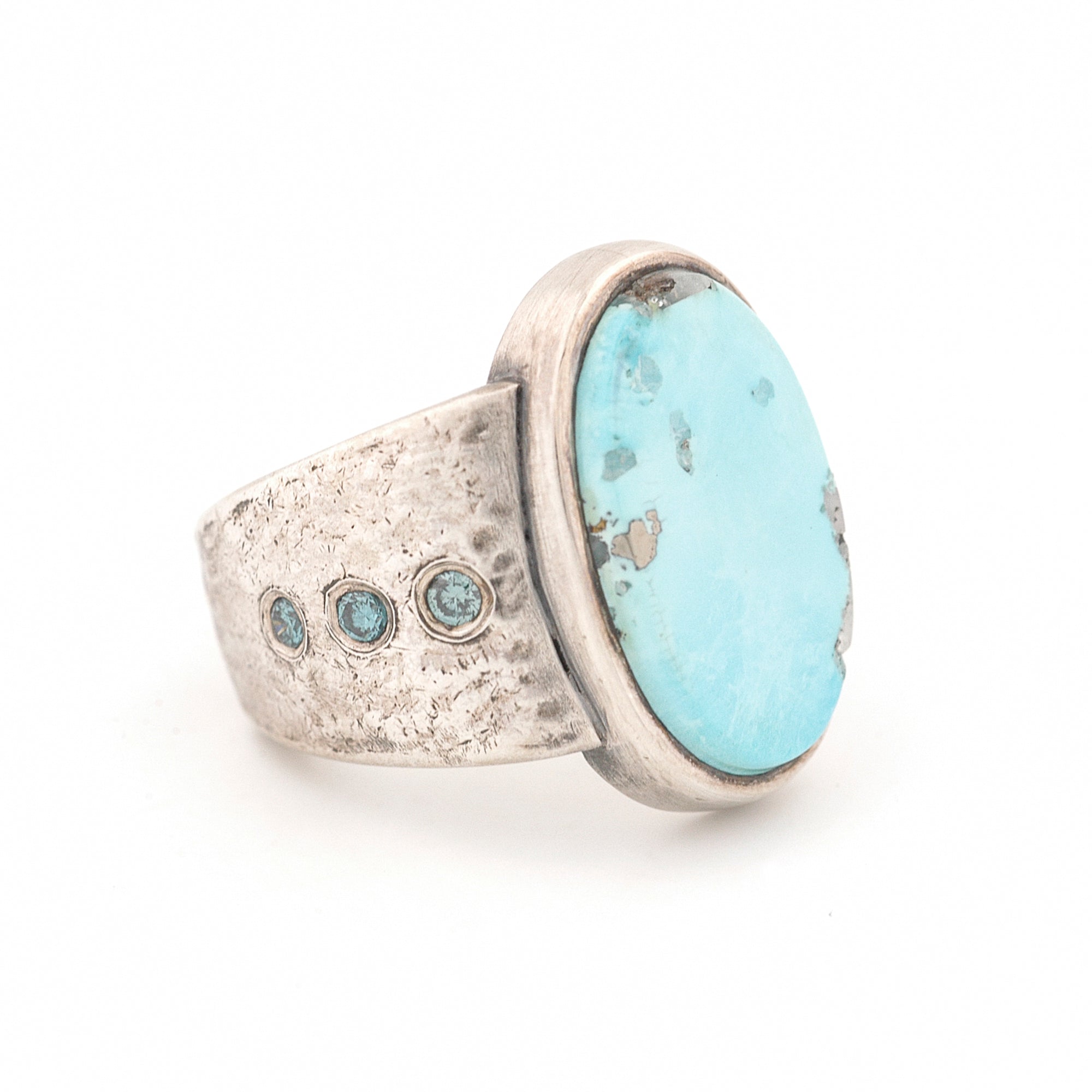 Sterling Silver, Turquoise and Blue Diamond Ring