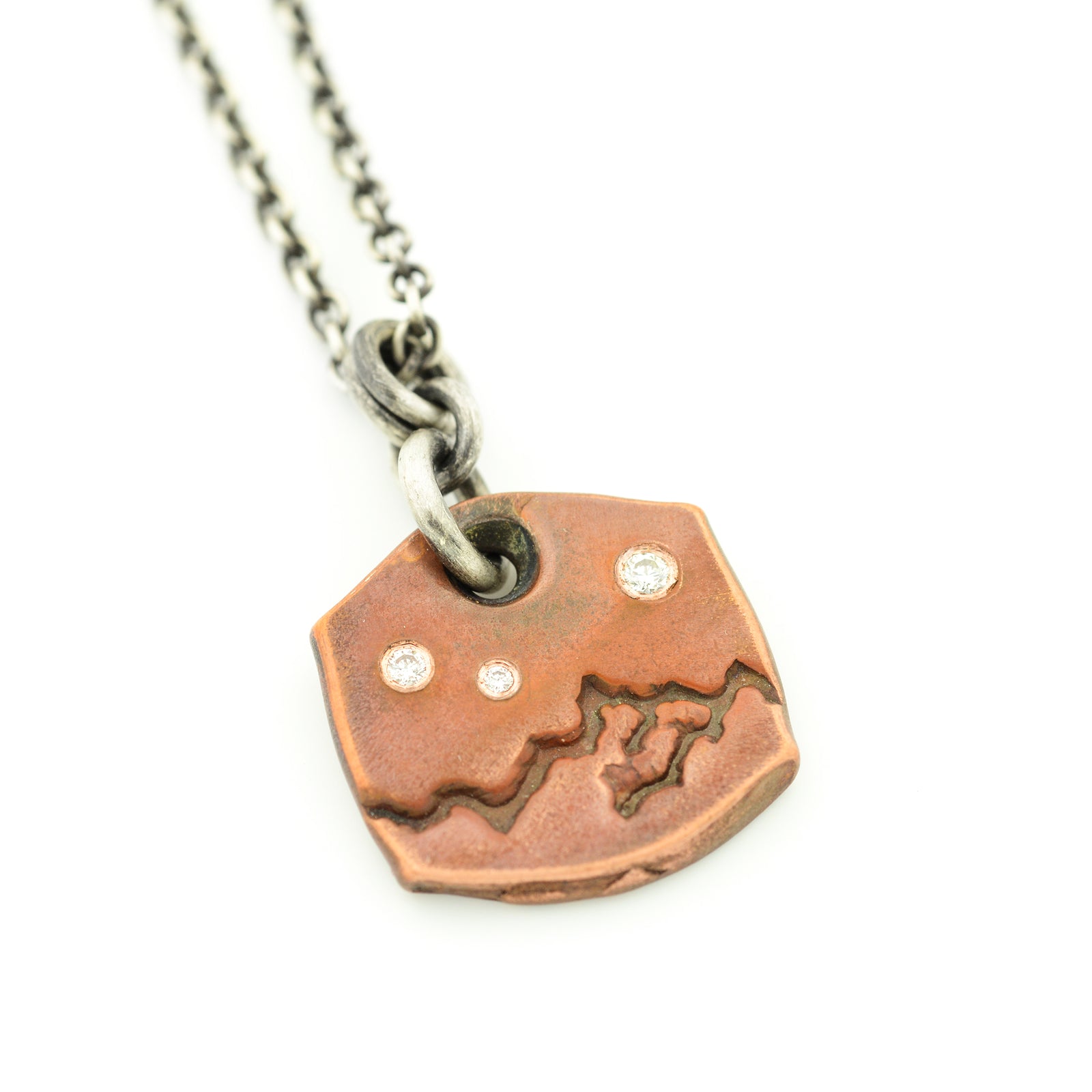 Forged Copper with Mountain Range and Ideal Cut Diamonds