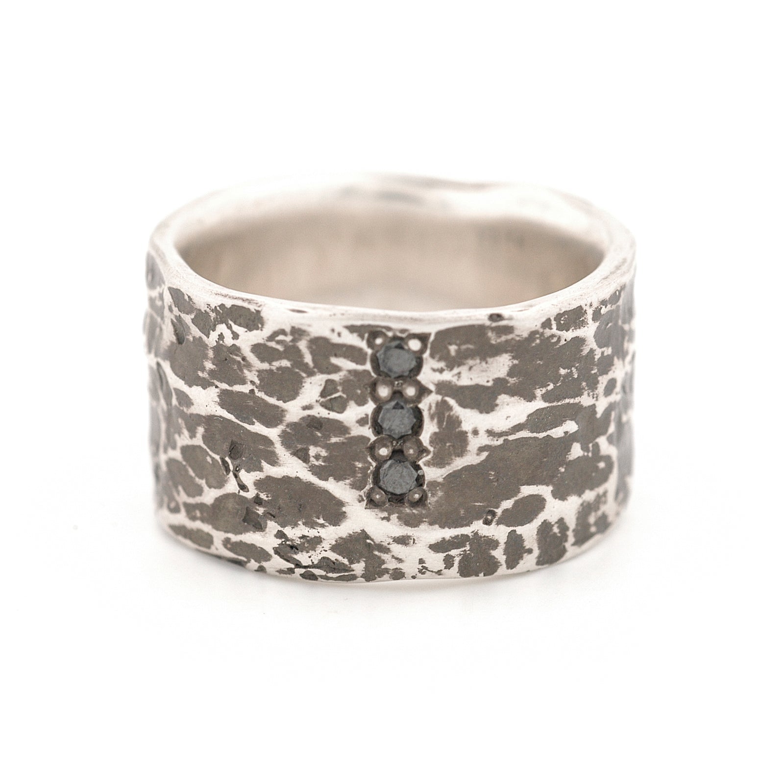 Wide Leather Texture Sterling Silver Ring with Black Diamonds