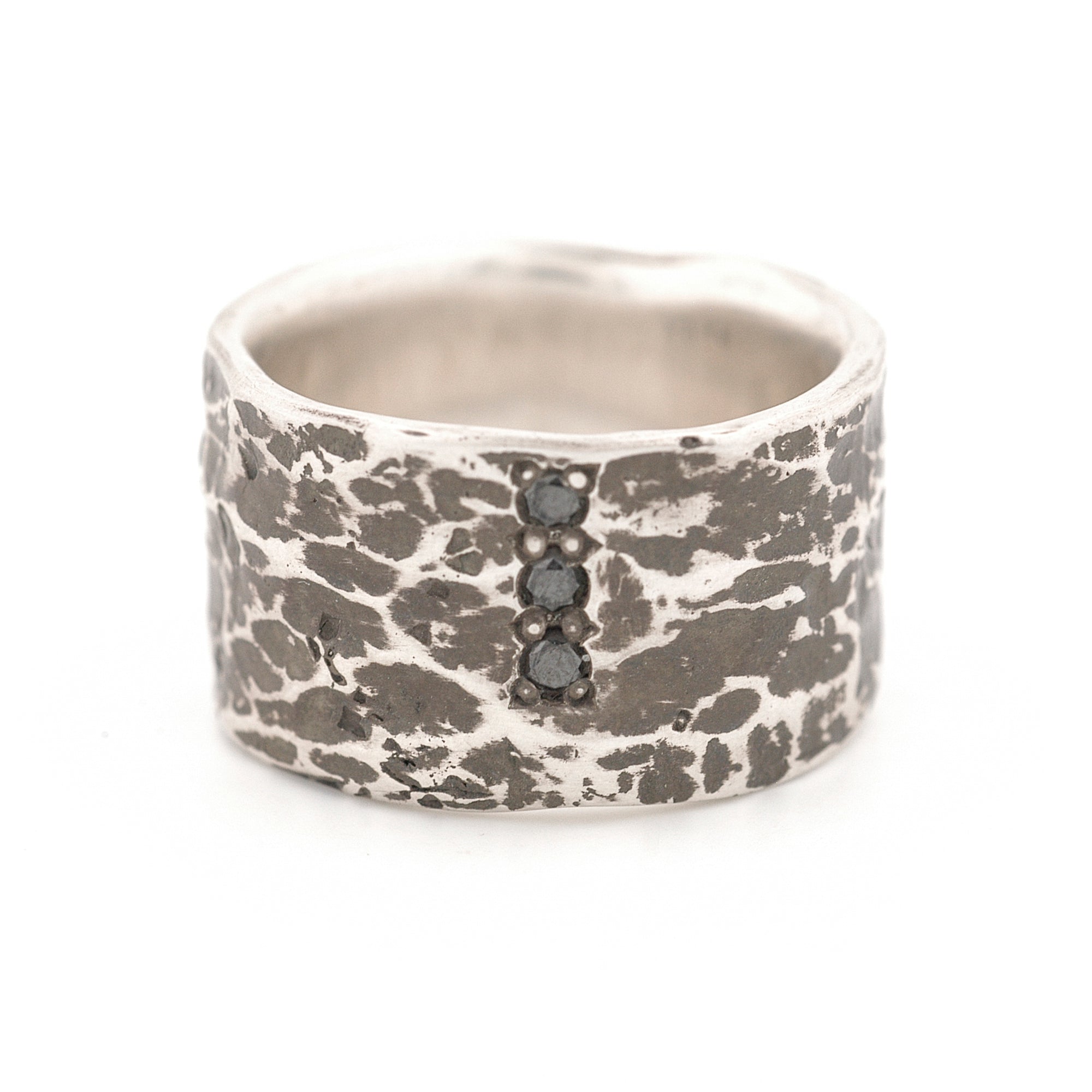 Wide Leather Texture Sterling Silver Ring with Black Diamonds