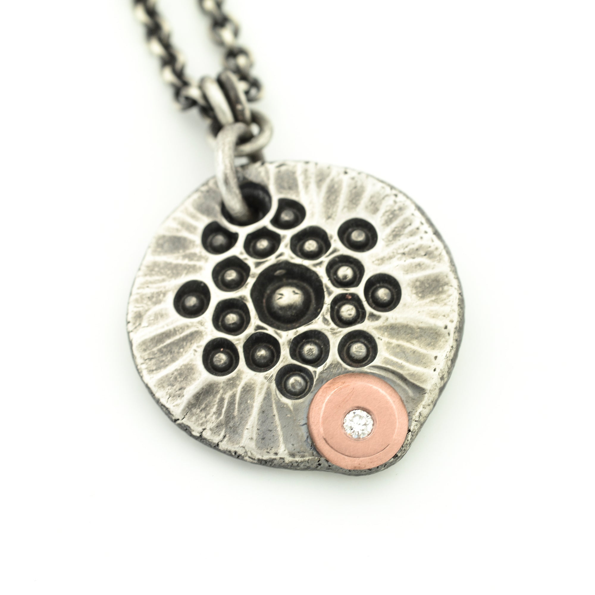 Forged Sterling and Copper Pendant with Ideal Cut Diamond
