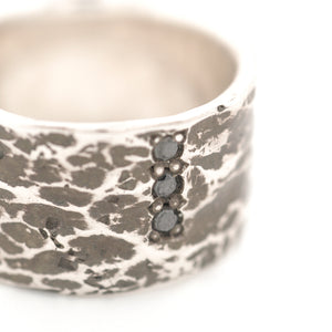 Wide Leather Texture Sterling Silver Ring with Black Diamonds