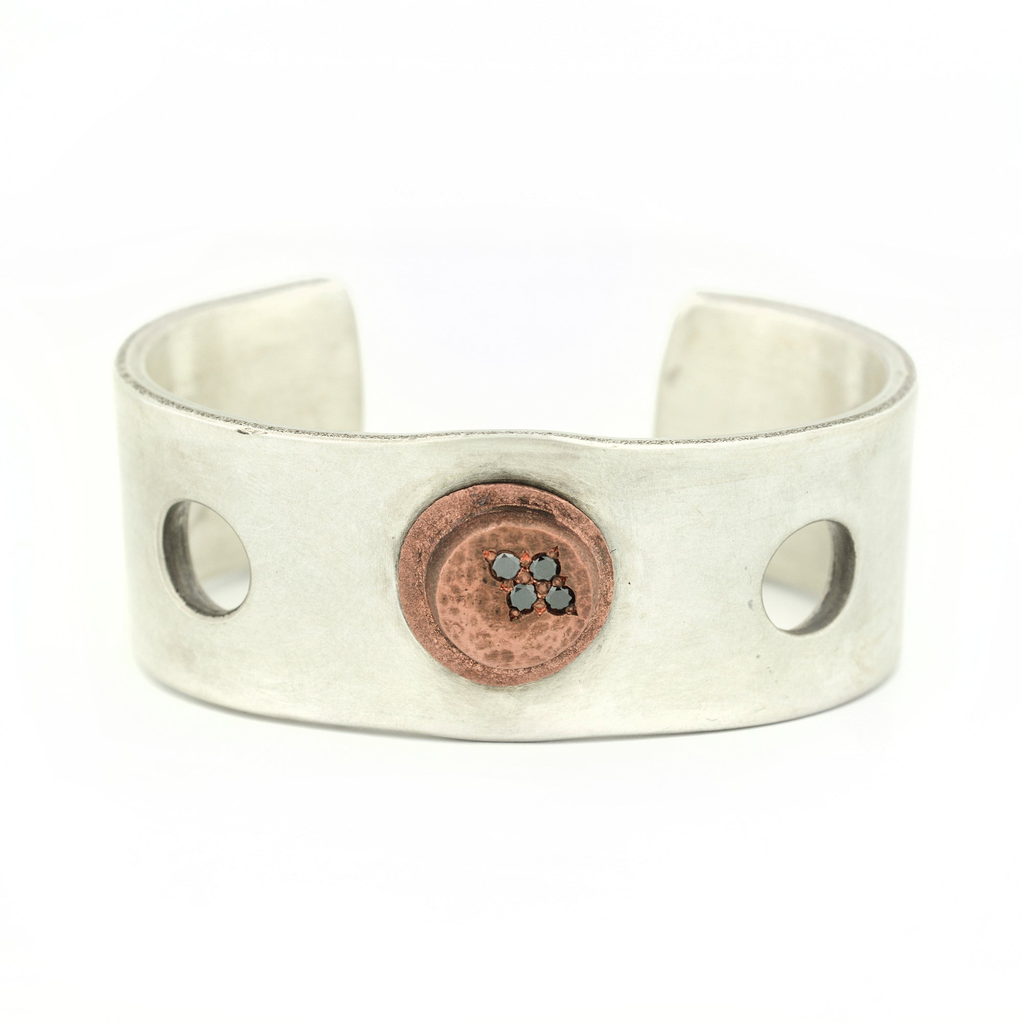 Silver Cuff with Copper Large Rivet and Black Diamonds