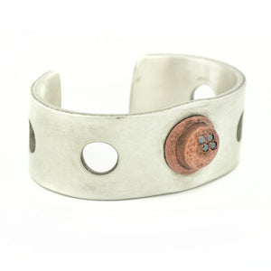 Silver Cuff with Copper Large Rivet and Black Diamonds