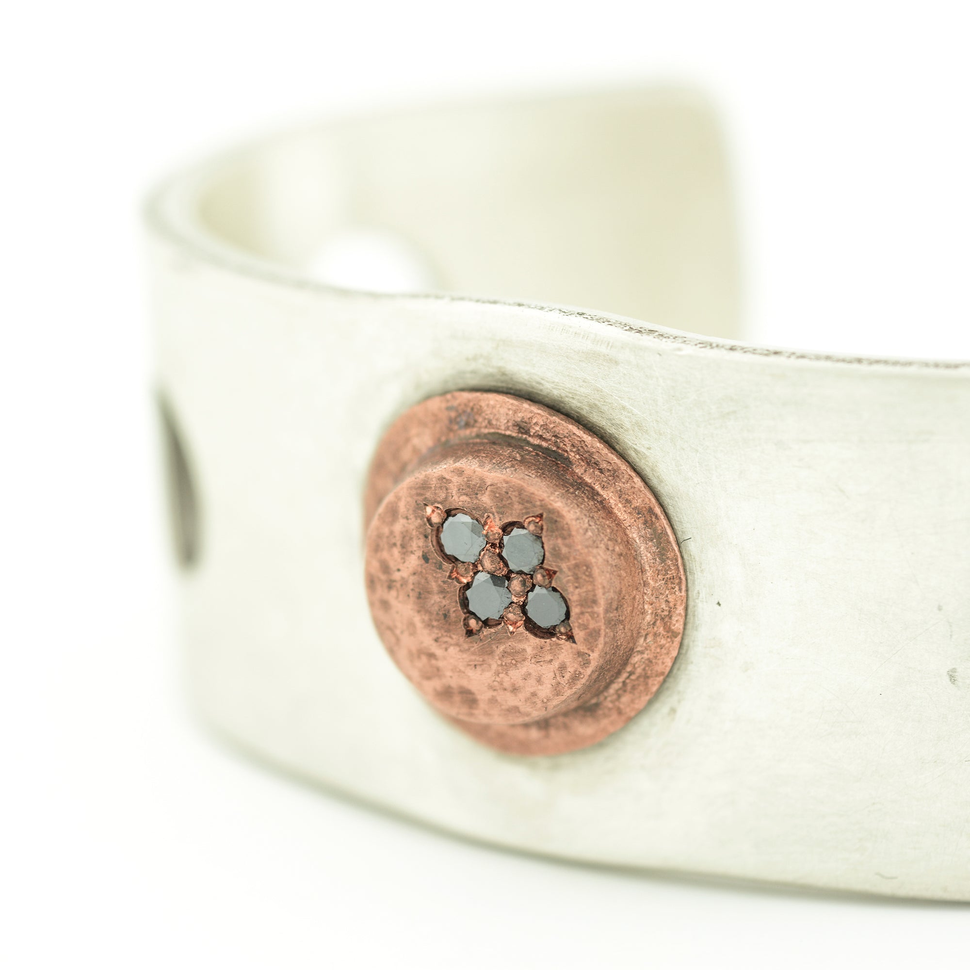 Silver Cuff with Copper Large Rivet and Black Diamonds - John Paul Designs