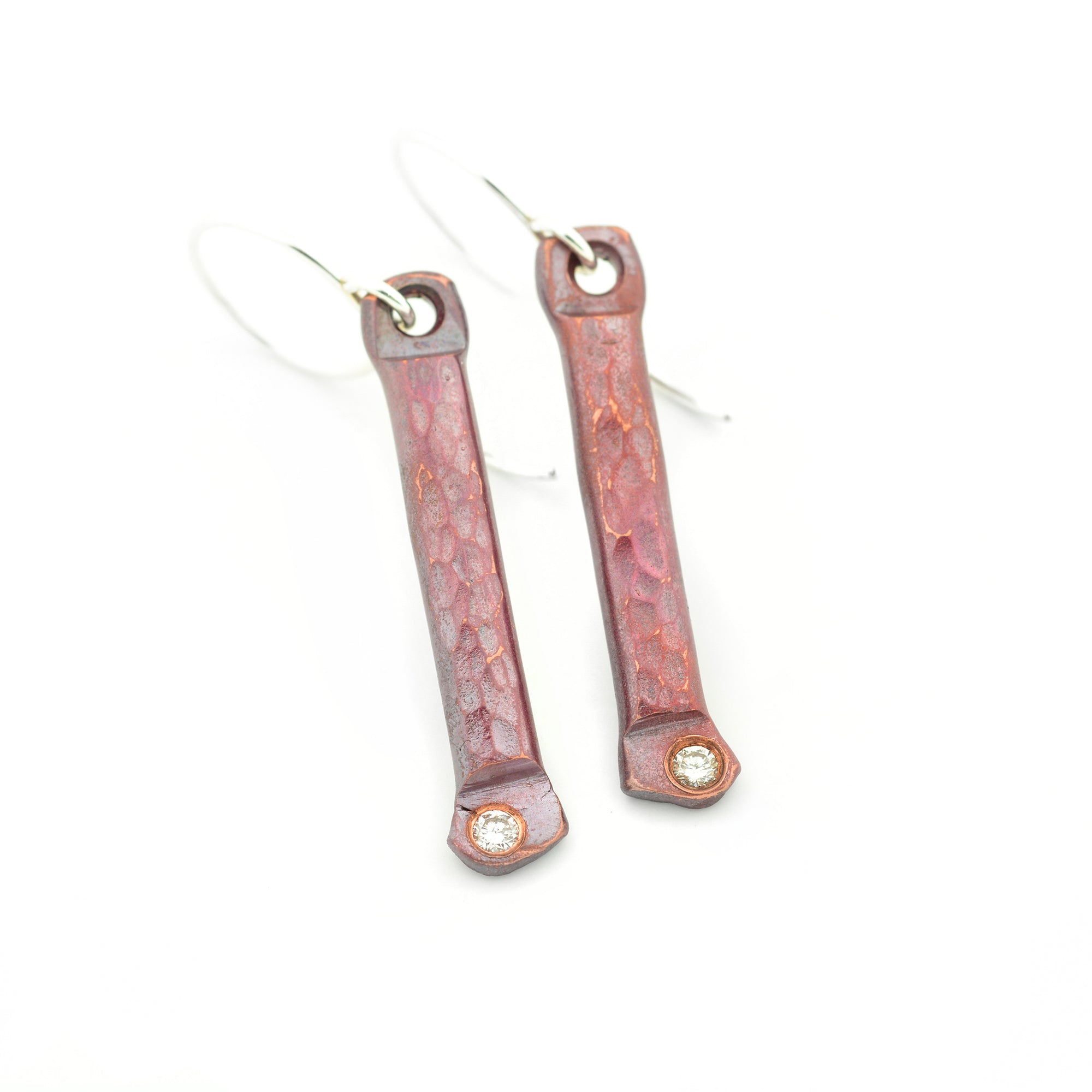 Textured Copper Stick Earrings with Ideal Cut Diamonds