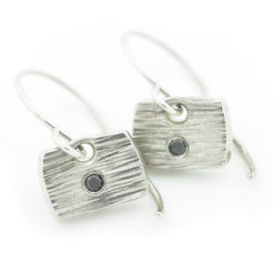Textured Silver Tile Earrings with Black Diamonds