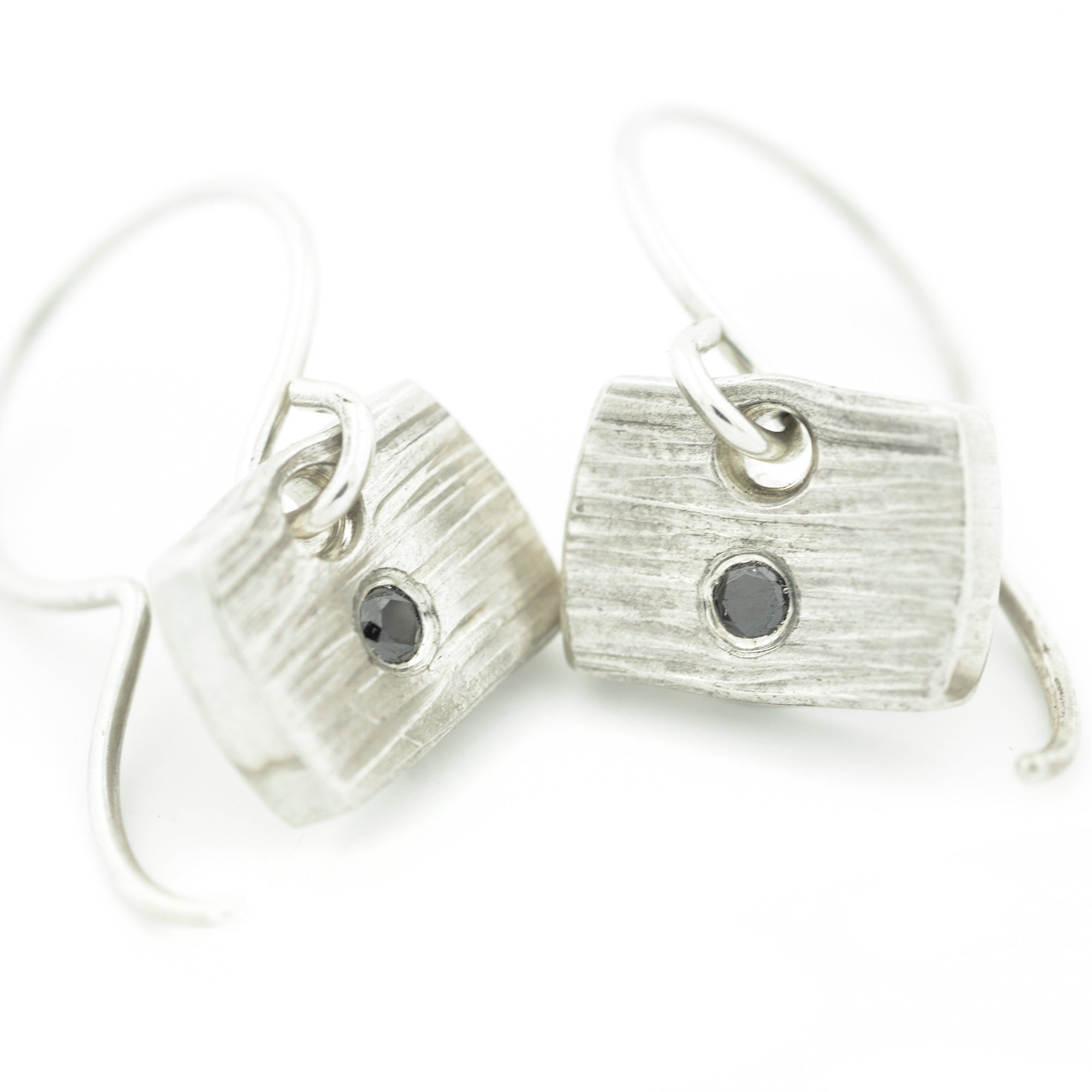 Textured Silver Tile Earrings with Black Diamonds