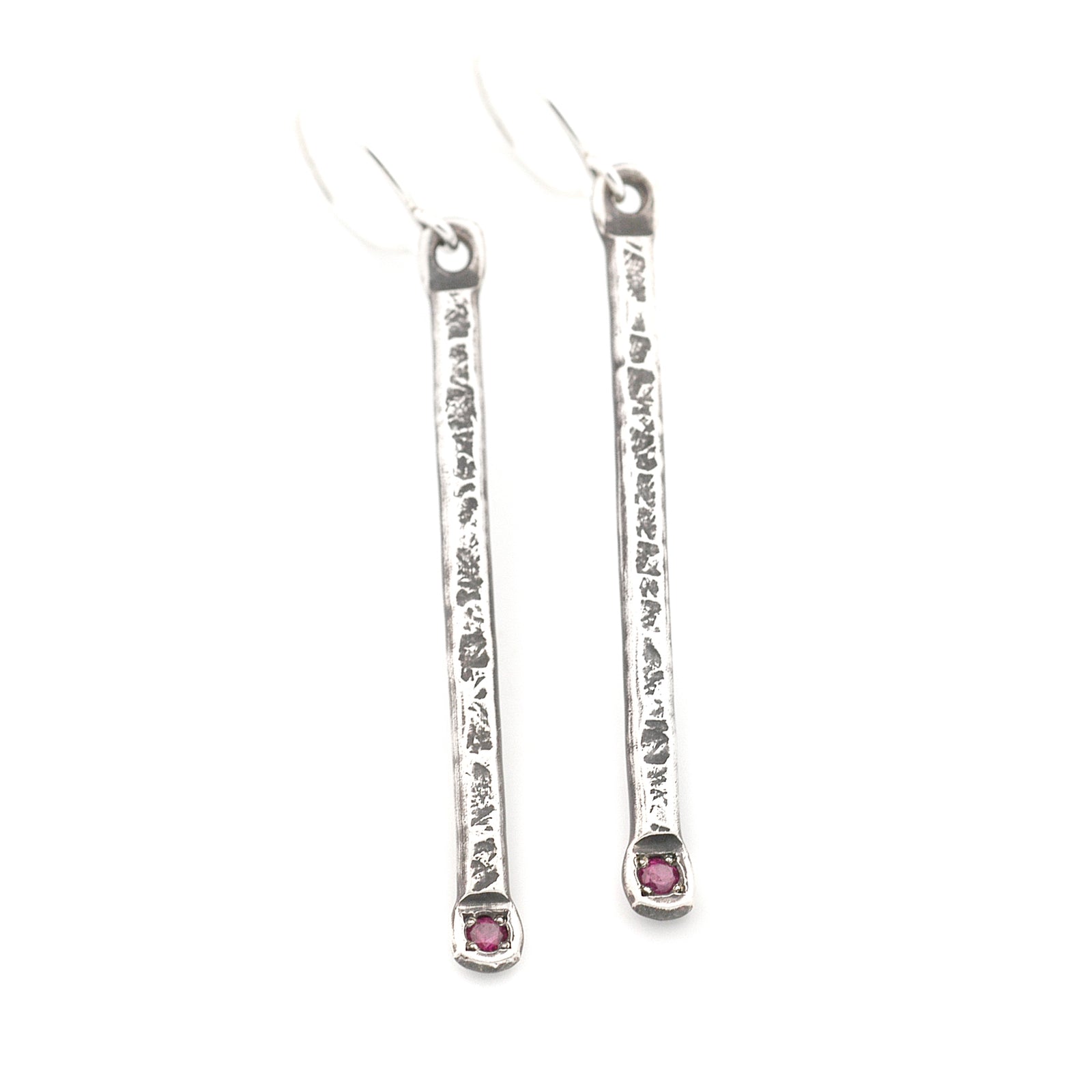Textured Stick Earrings with Rubies