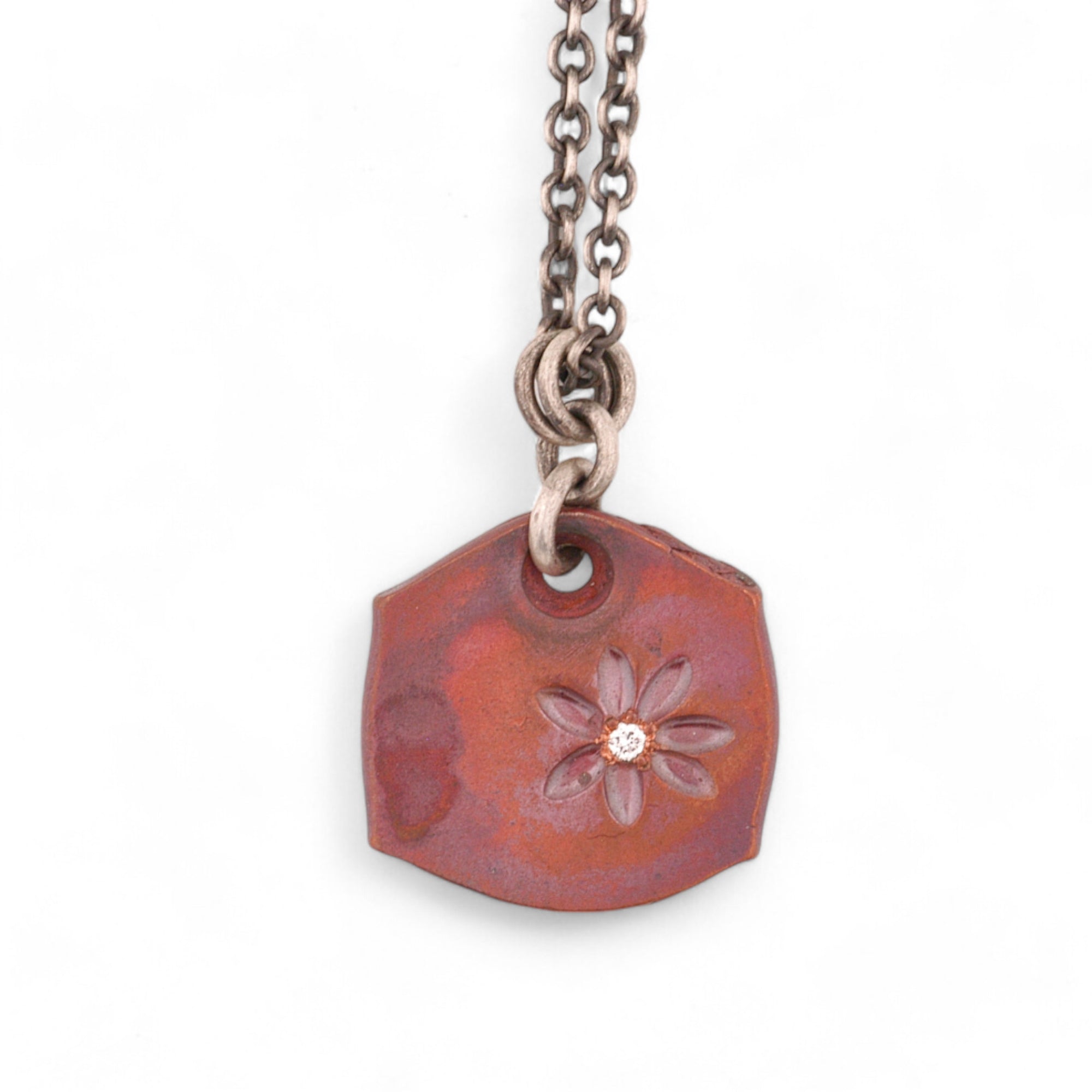 Copper Flower Tile Pendant with a White Diamond