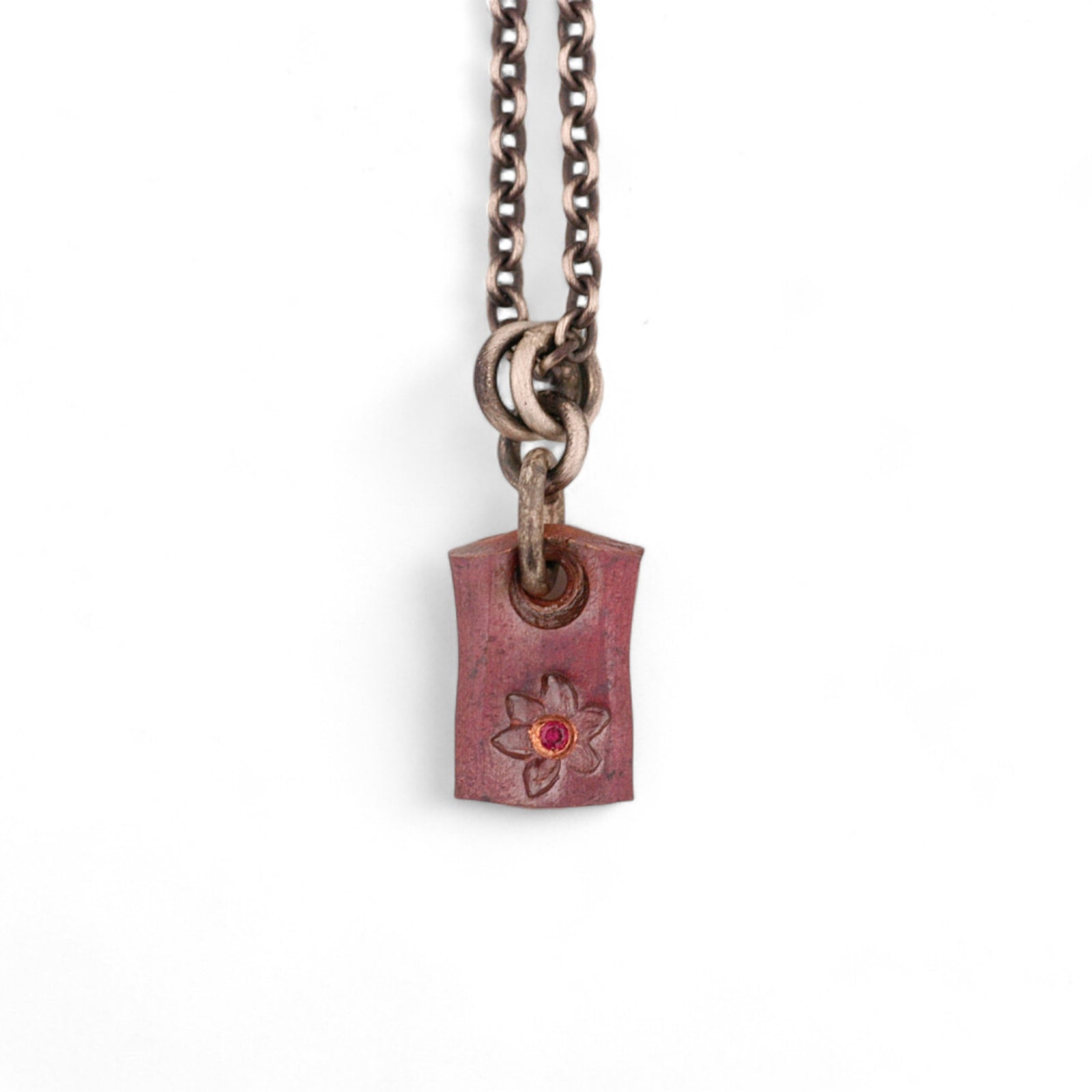 Forged Copper Pendant with Flower and Ruby