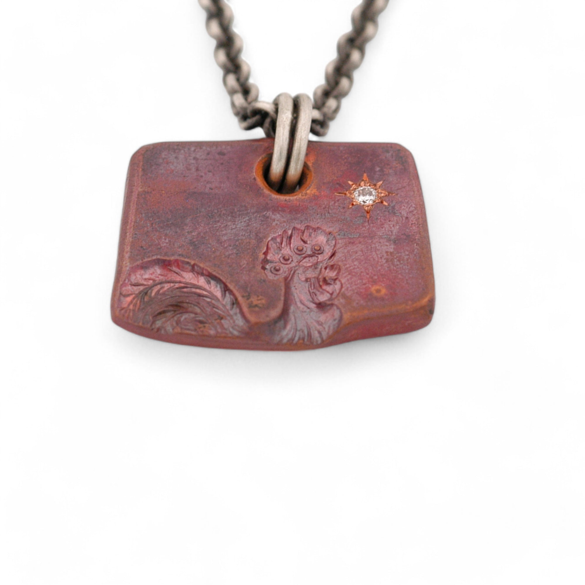 Rectangle Copper Rooster Pendant with a Diamond