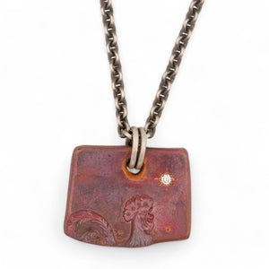 Rectangle Copper Rooster Pendant with a Diamond