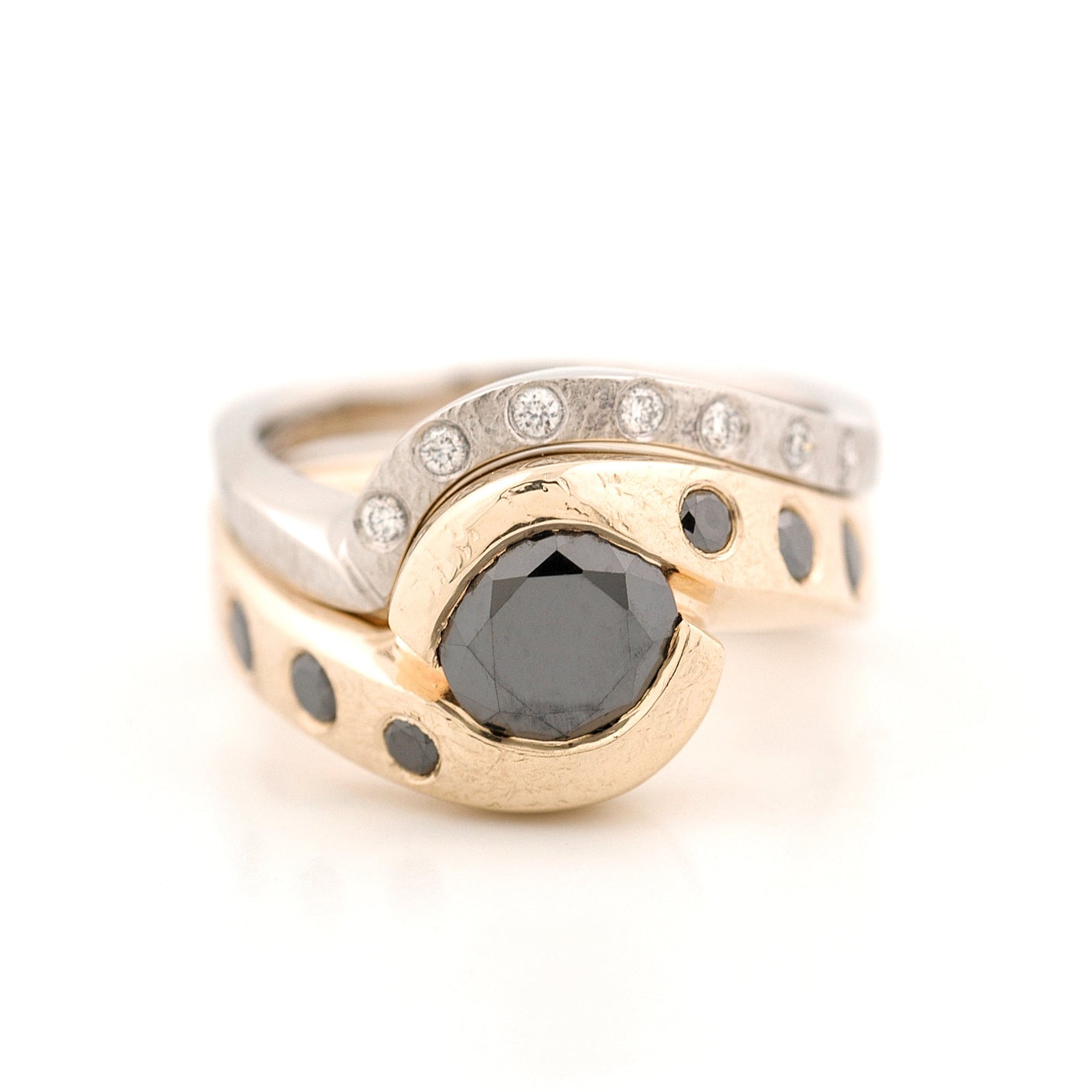 14K Yellow Gold and Palladium Ring Set with Black and White Diamonds