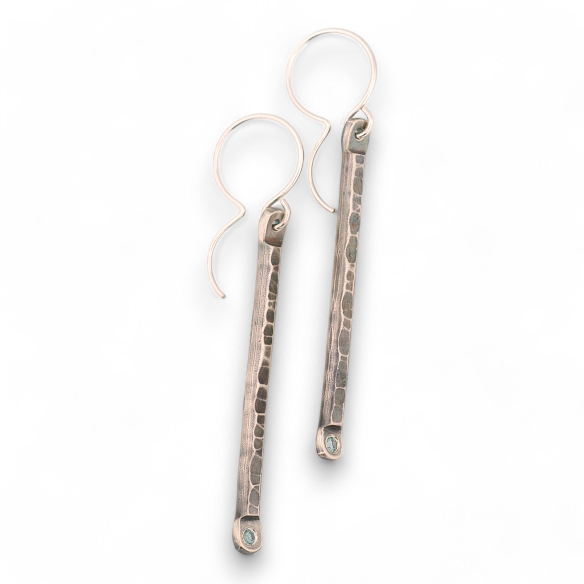 Long Sterling Silver Stick Earrings with Blue Diamonds