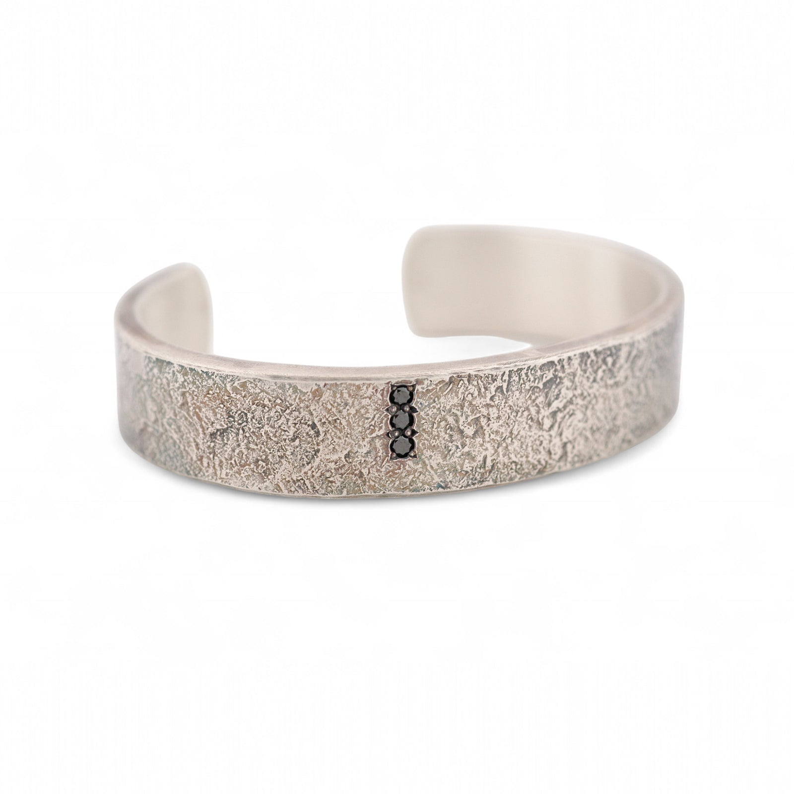 Forged Sterling Silver Cuff Bracelet with Three Black Diamonds