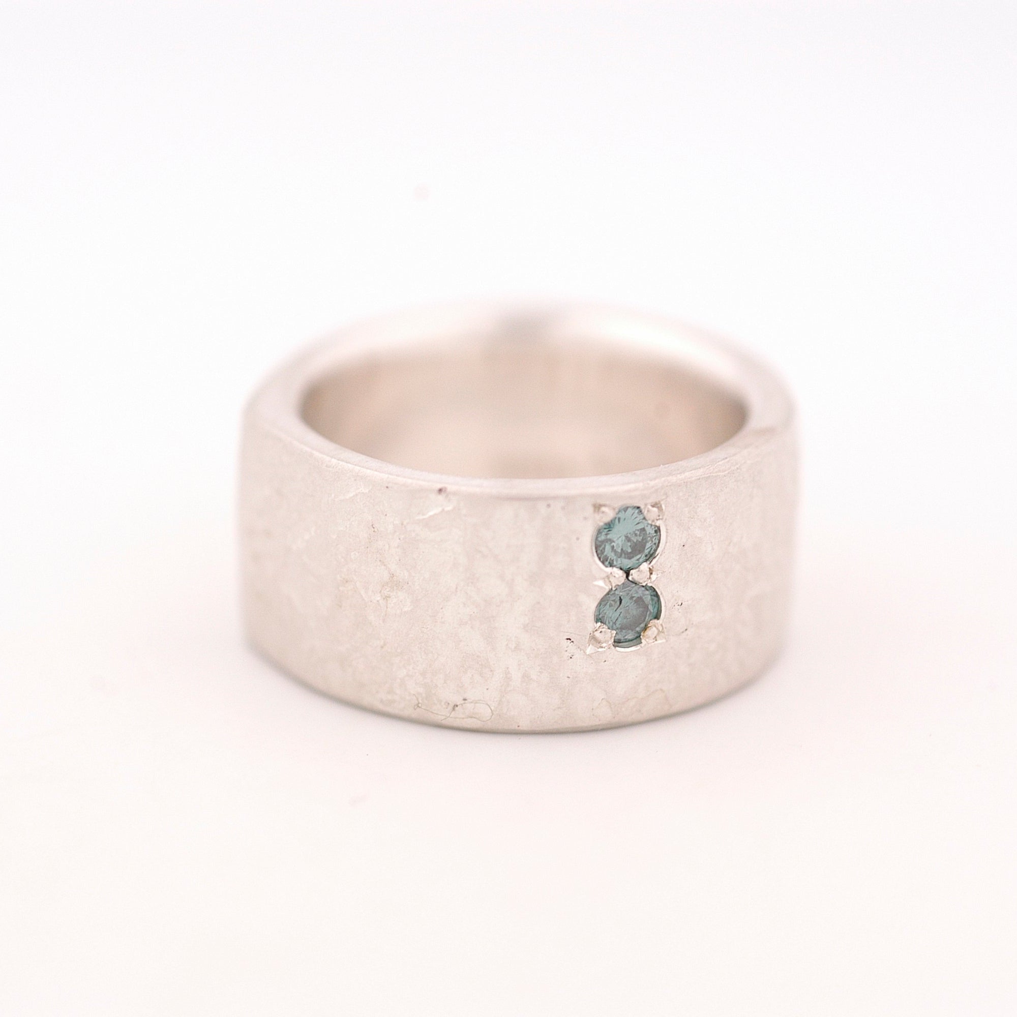 Wide Sterling Silver Ring with Blue Diamonds