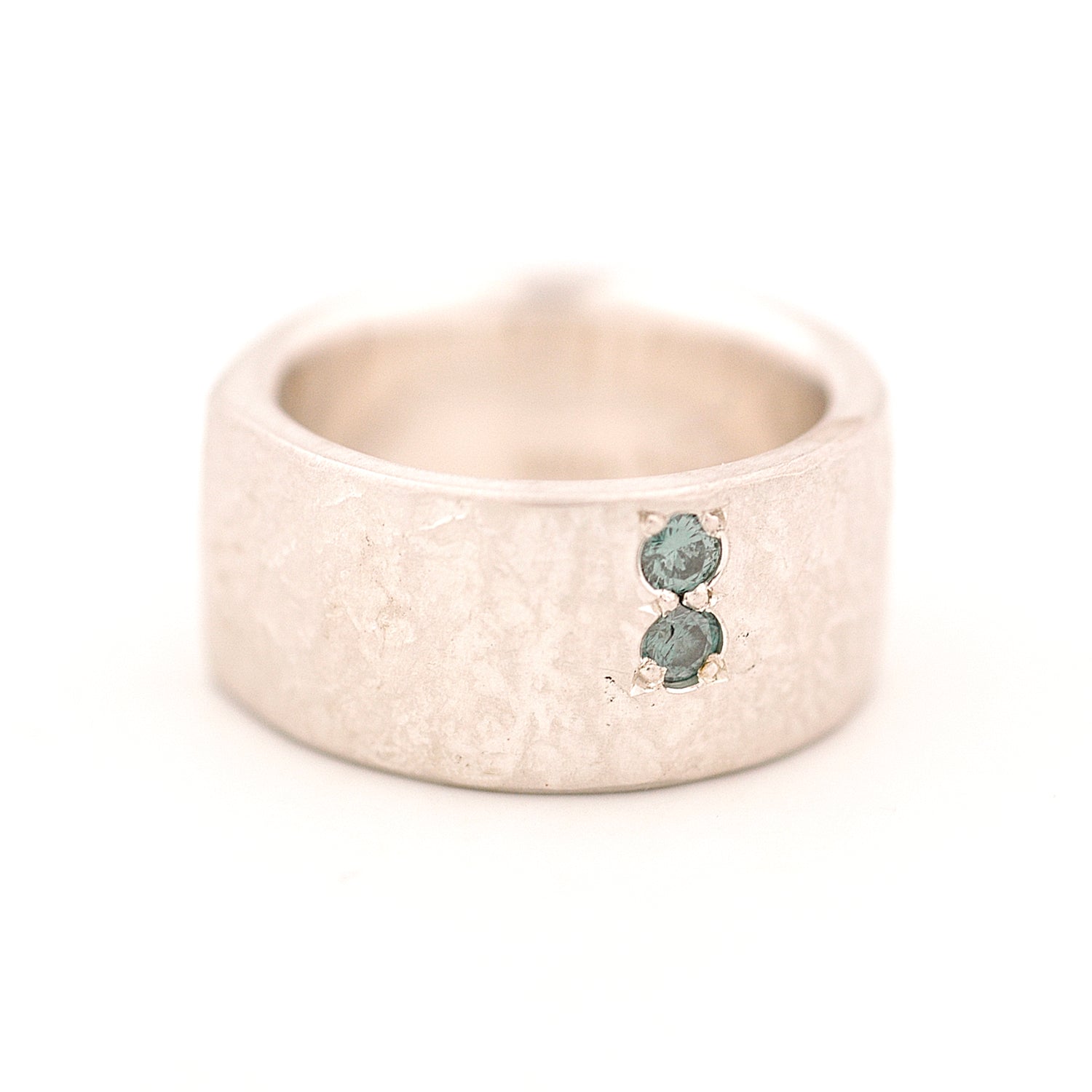 Wide Sterling Silver Ring with Blue Diamonds