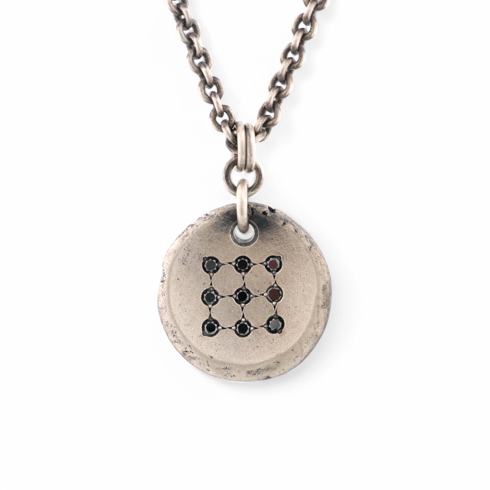Forged Sterling Silver Round Pendant with Black Diamonds