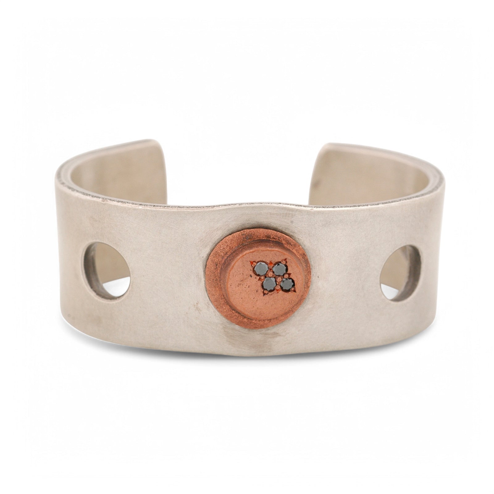 Silver Cuff with Copper Large Rivet and Black Diamonds