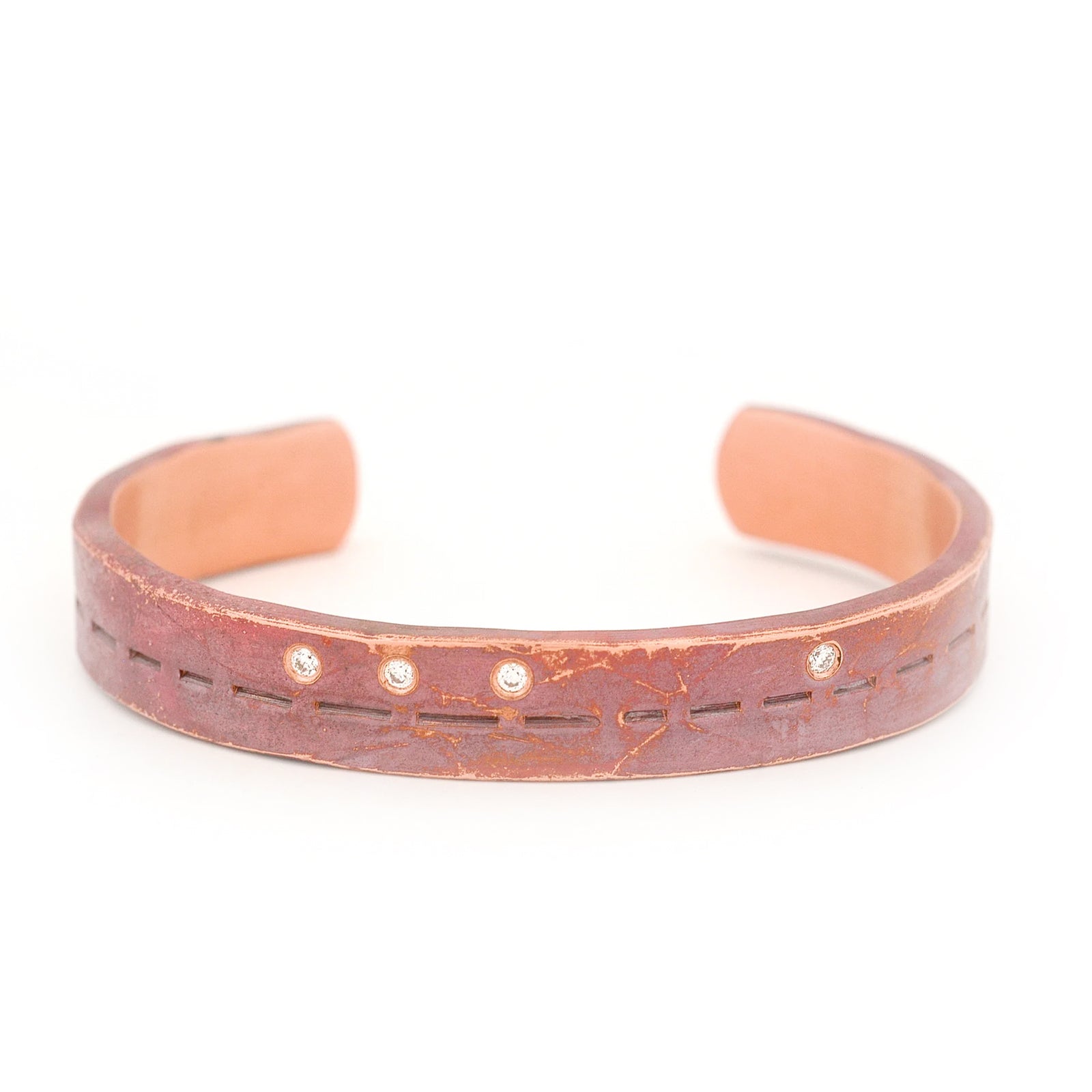 Copper Cuff with Stamped Pattern and Diamonds