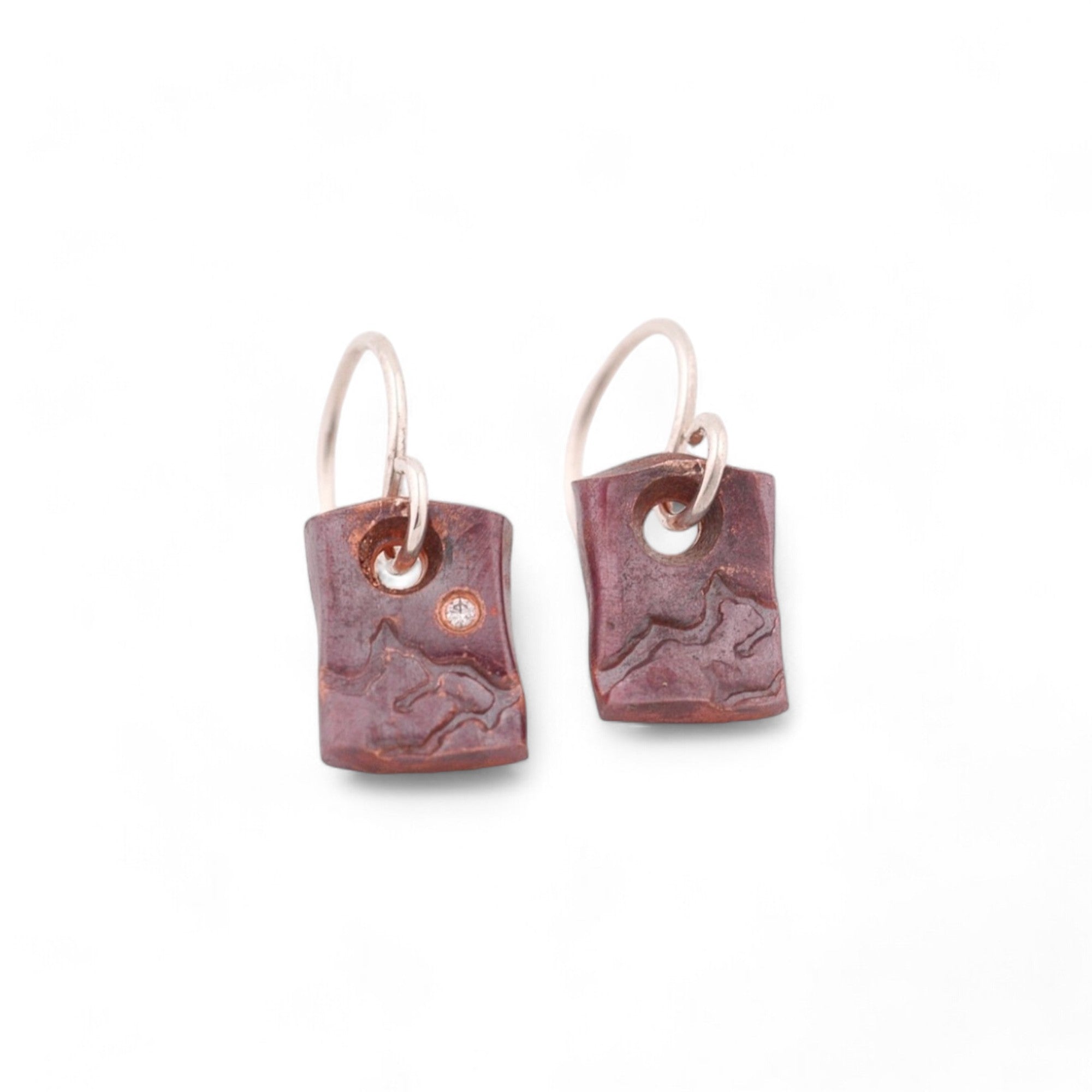 Vertical Copper Mountain Earrings with an Ideal Cut Diamond