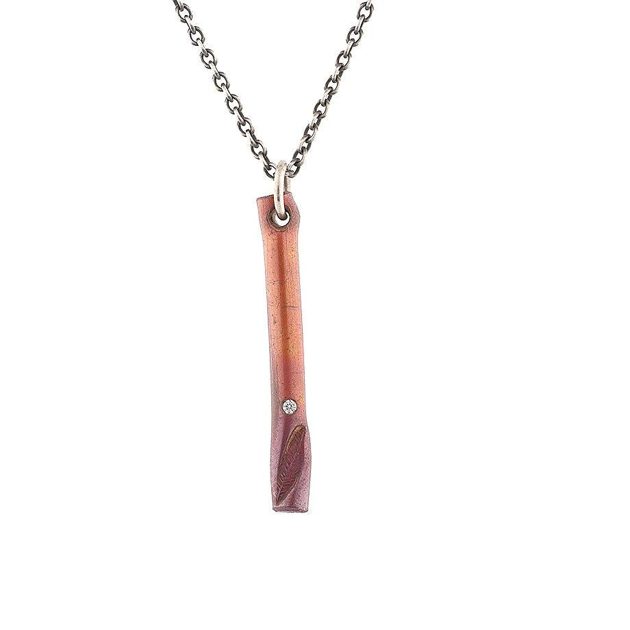 Solid Copper Cylinder Drop with Diamond and Stamped Feather