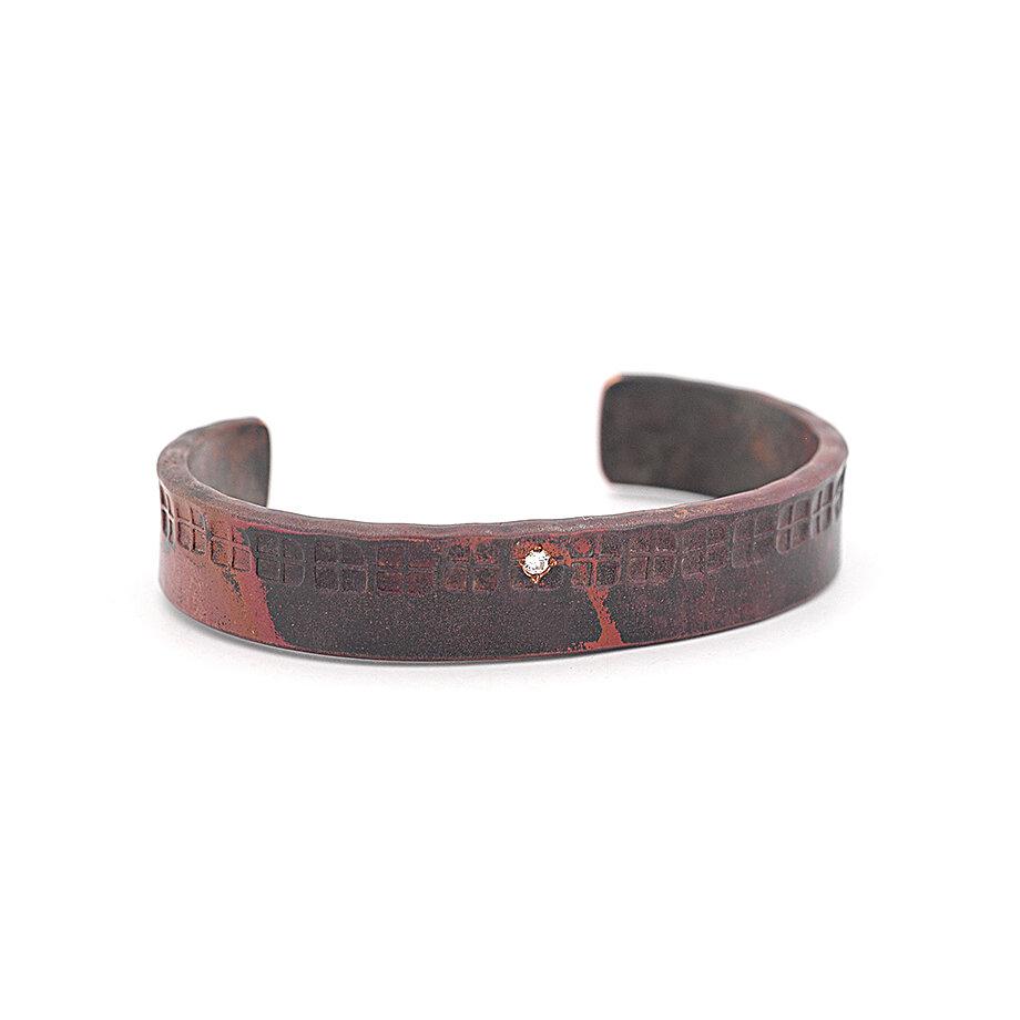 “Four square” Hand Stamped Wide Copper Bracelet with Diamond