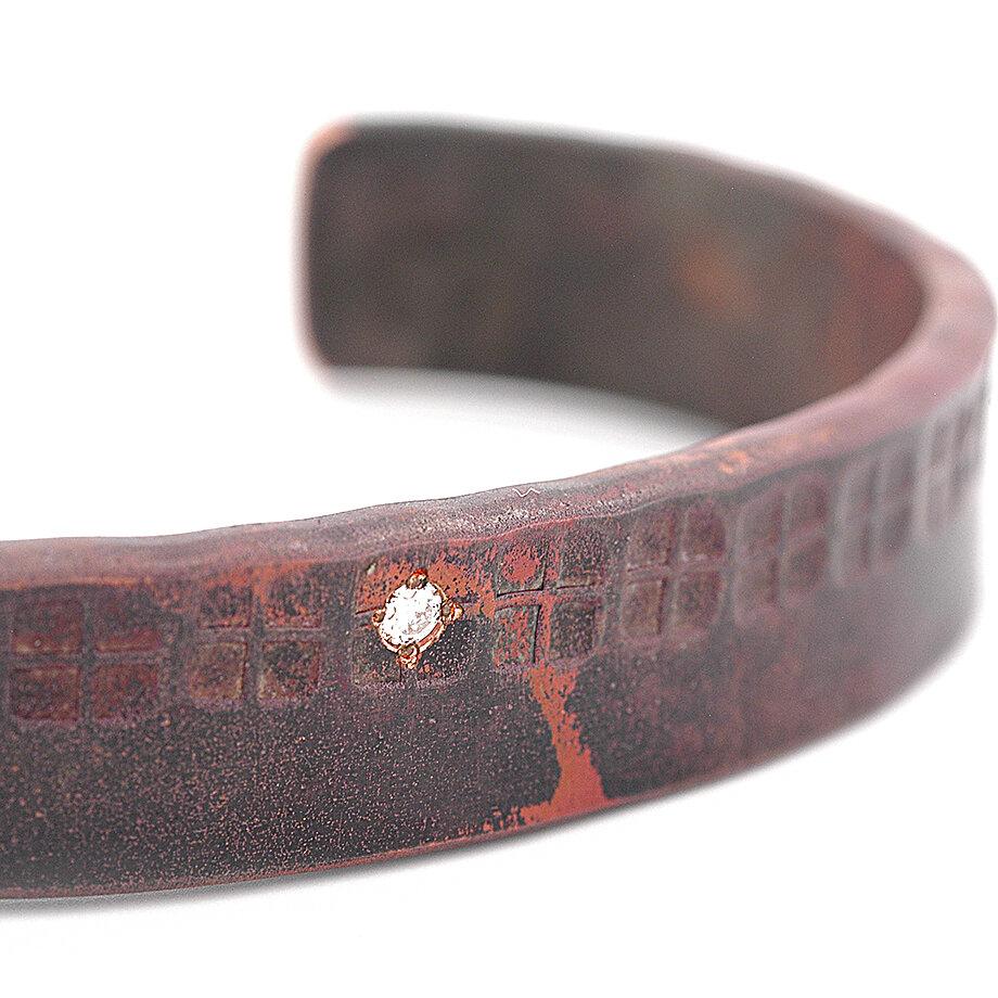 “Four square” Hand Stamped Wide Copper Bracelet with Diamond