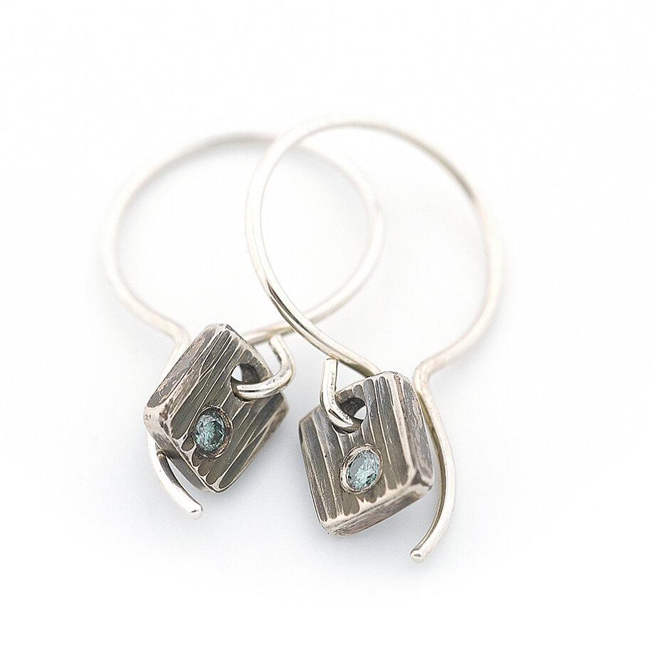Sterling Silver Tile Earrings with Blue Diamonds