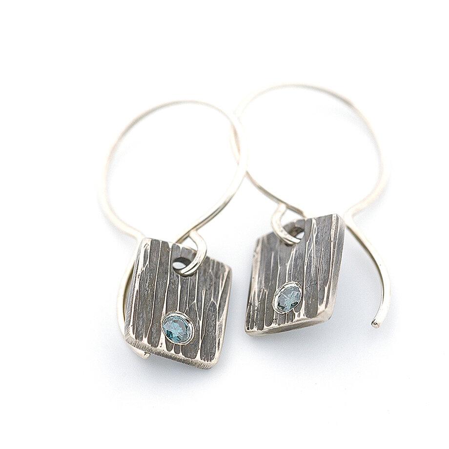 Sterling Silver Tile earrings with Blue Diamonds