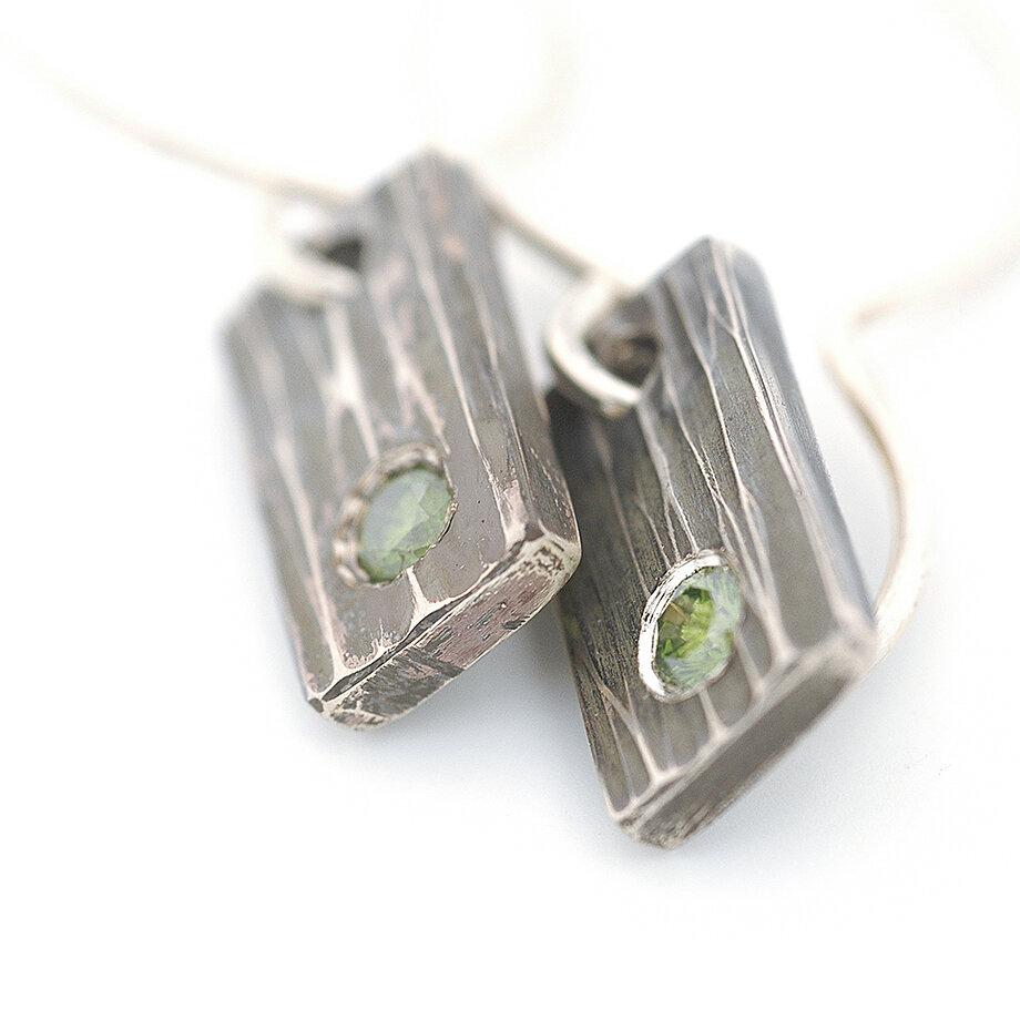 Sterling Silver Tile earrings with Green Diamonds