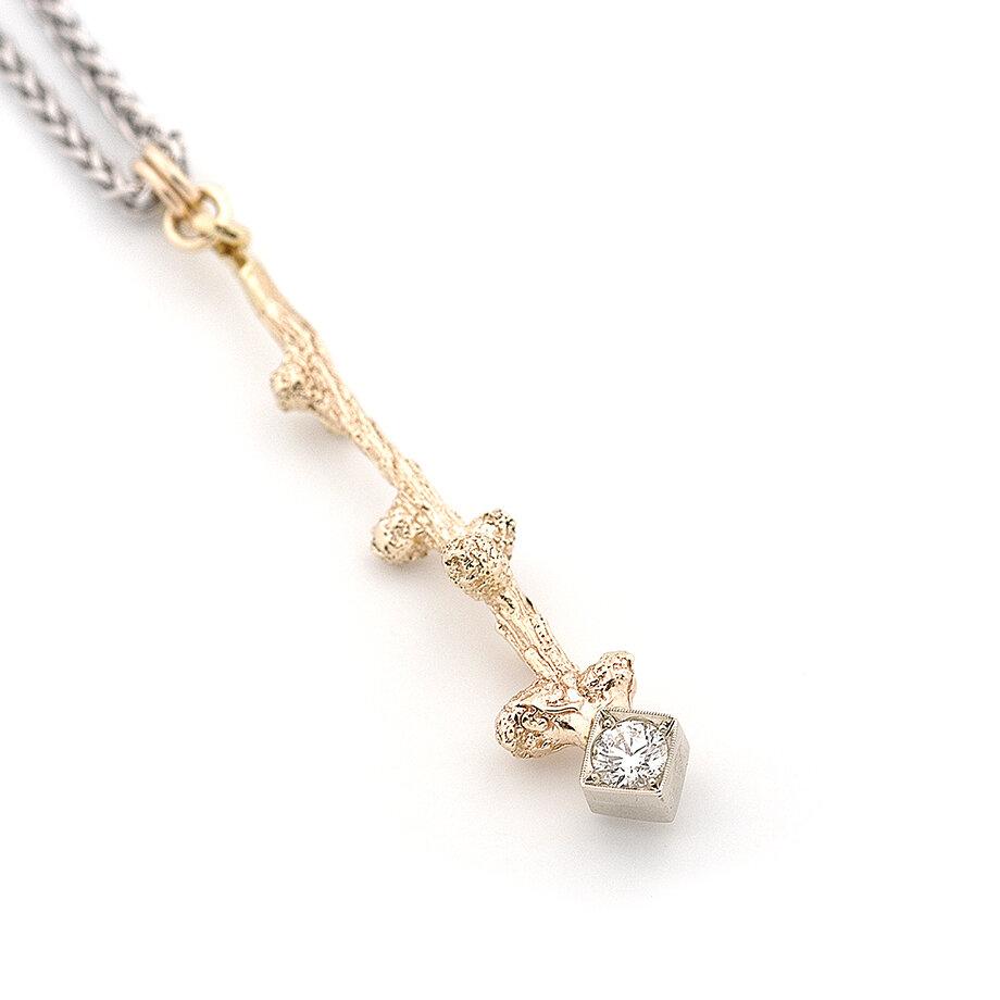 Golden Tamarack Branch Pendant with Ideal Cut Diamond