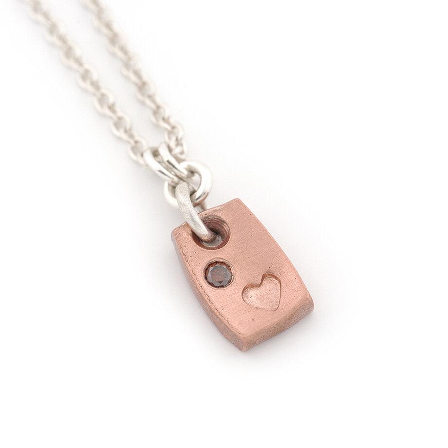 Red Diamond and Heart Stamped Copper Pendant
