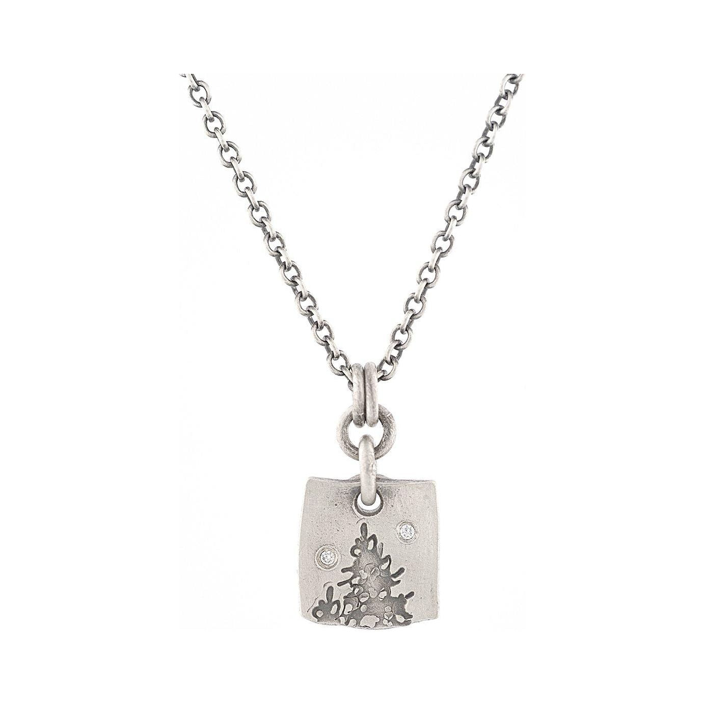 Sterling Silver Square Pendant with Tree and White Diamond
