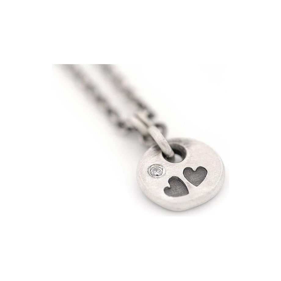 Sterling Silver Heart Stamped Round Pendant with Diamond
