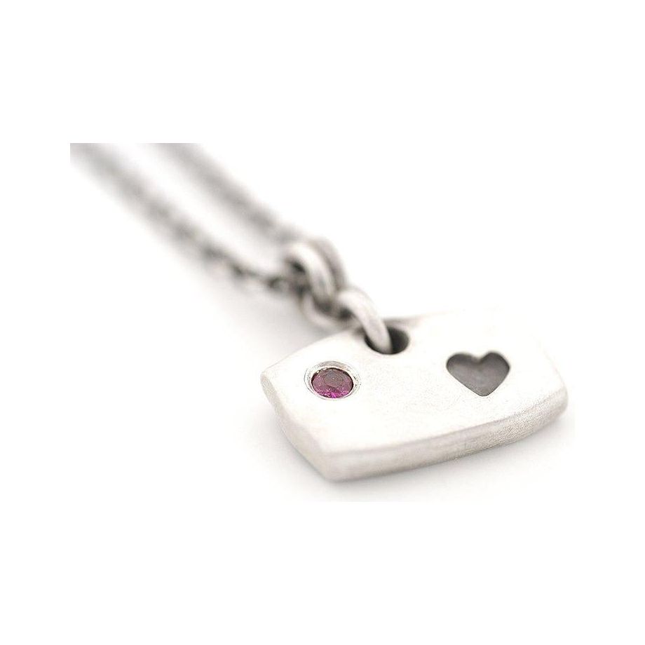 Sterling Silver Heart Stamped Rectangular Pendant with Ruby