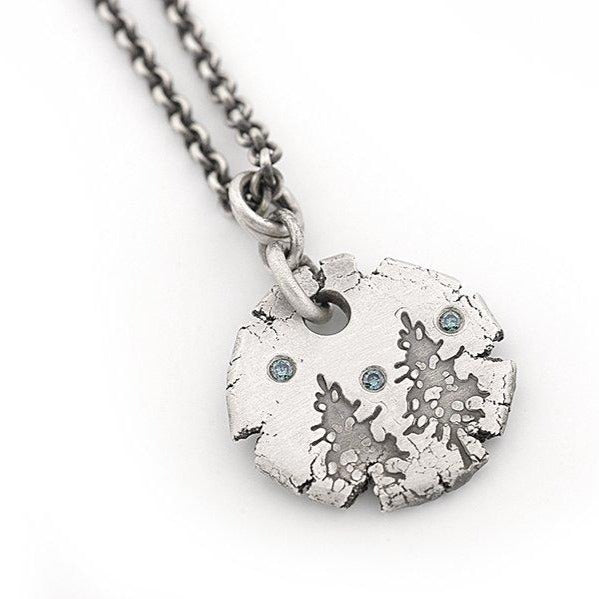 Sterling Silver Round Tree Stamped Pendant with Blue Diamonds in the Sky