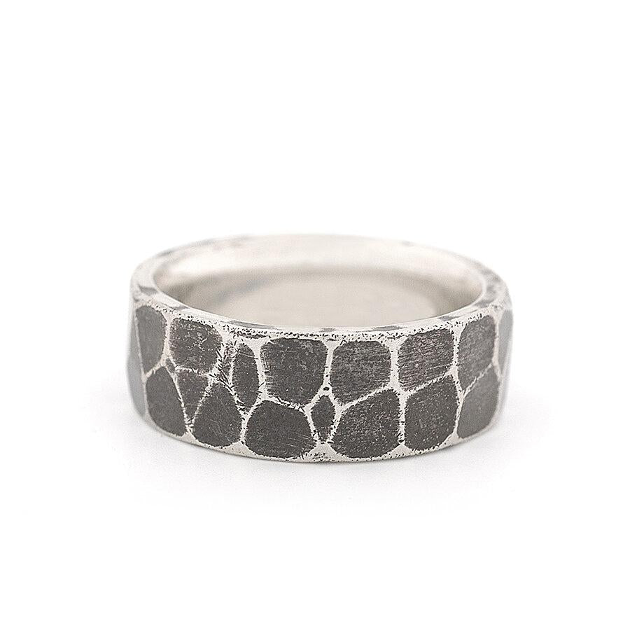 Oxidized ball peen textured silver ring