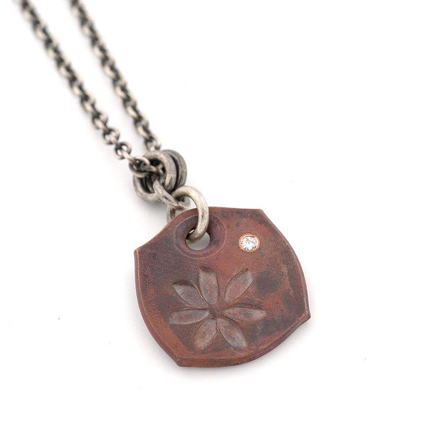 Copper Flower Petals Tile Pendant with One Diamond - John Paul Designs