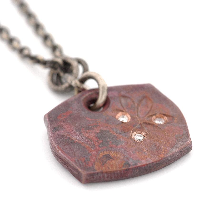 Copper Flower Petals Tile Pendant with Three Diamonds - John Paul Designs