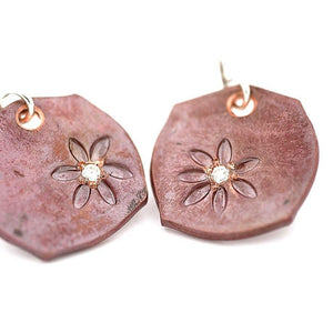 Copper Flower Stamped Earrings with White Ideal Cut Diamonds - John Paul Designs